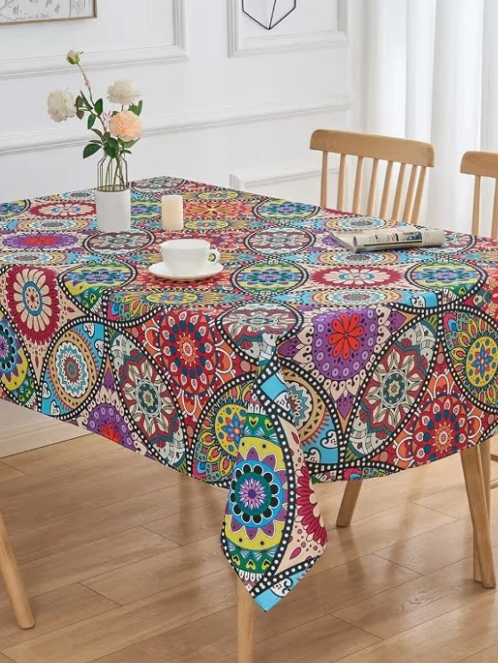 Vibrant Multicolor Mandala Boho Tablecloth - 84 X 60 Rectangular